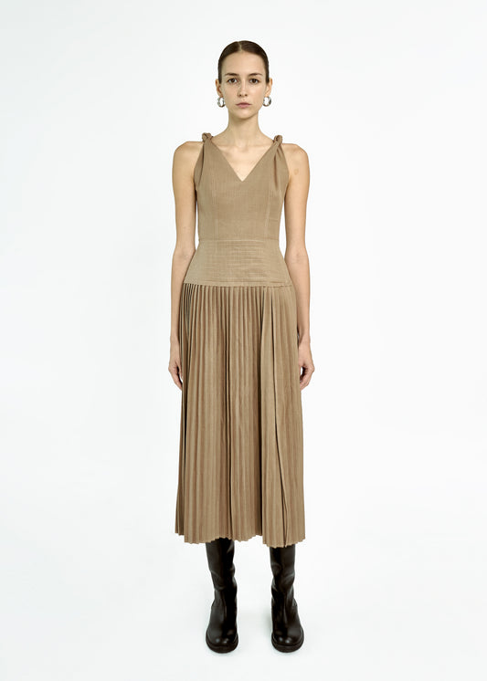 knotted-shoulder-pleated-dress-brown-MAYNE-STUDIOS-ASTOUD