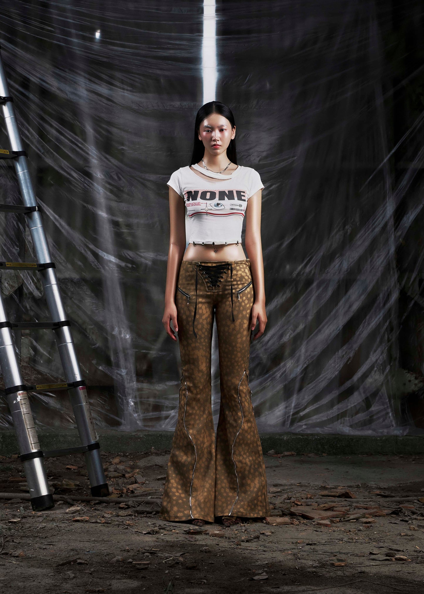 NONE Printed Lace Up Flared Jean Tatichu Astoud