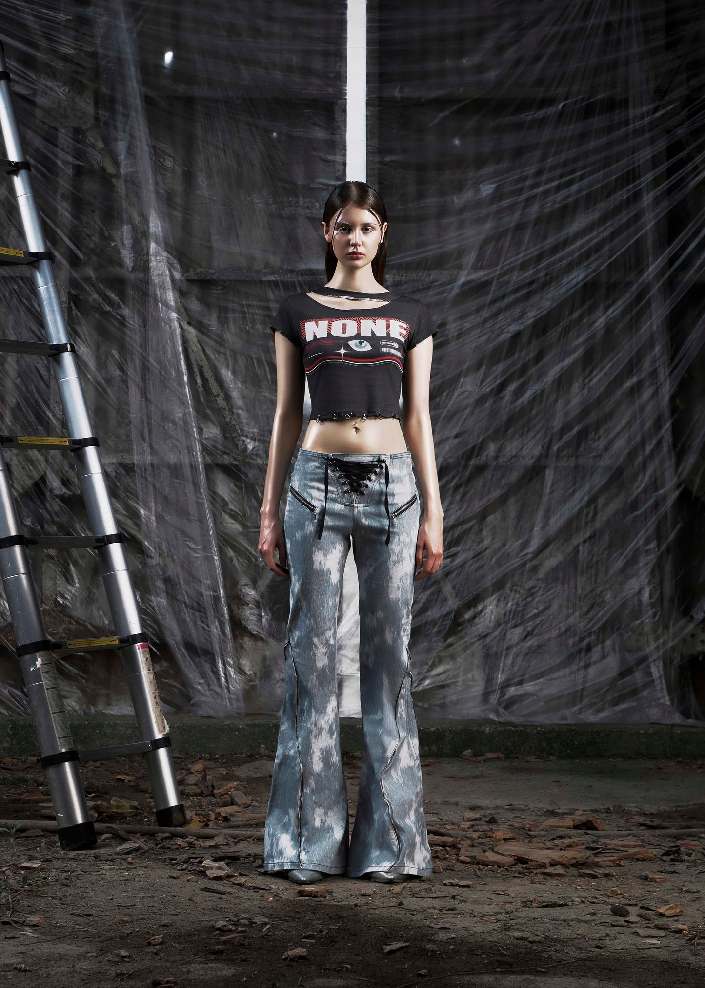 NONE Printed Lace Up Flared Jean Tatichu Astoud