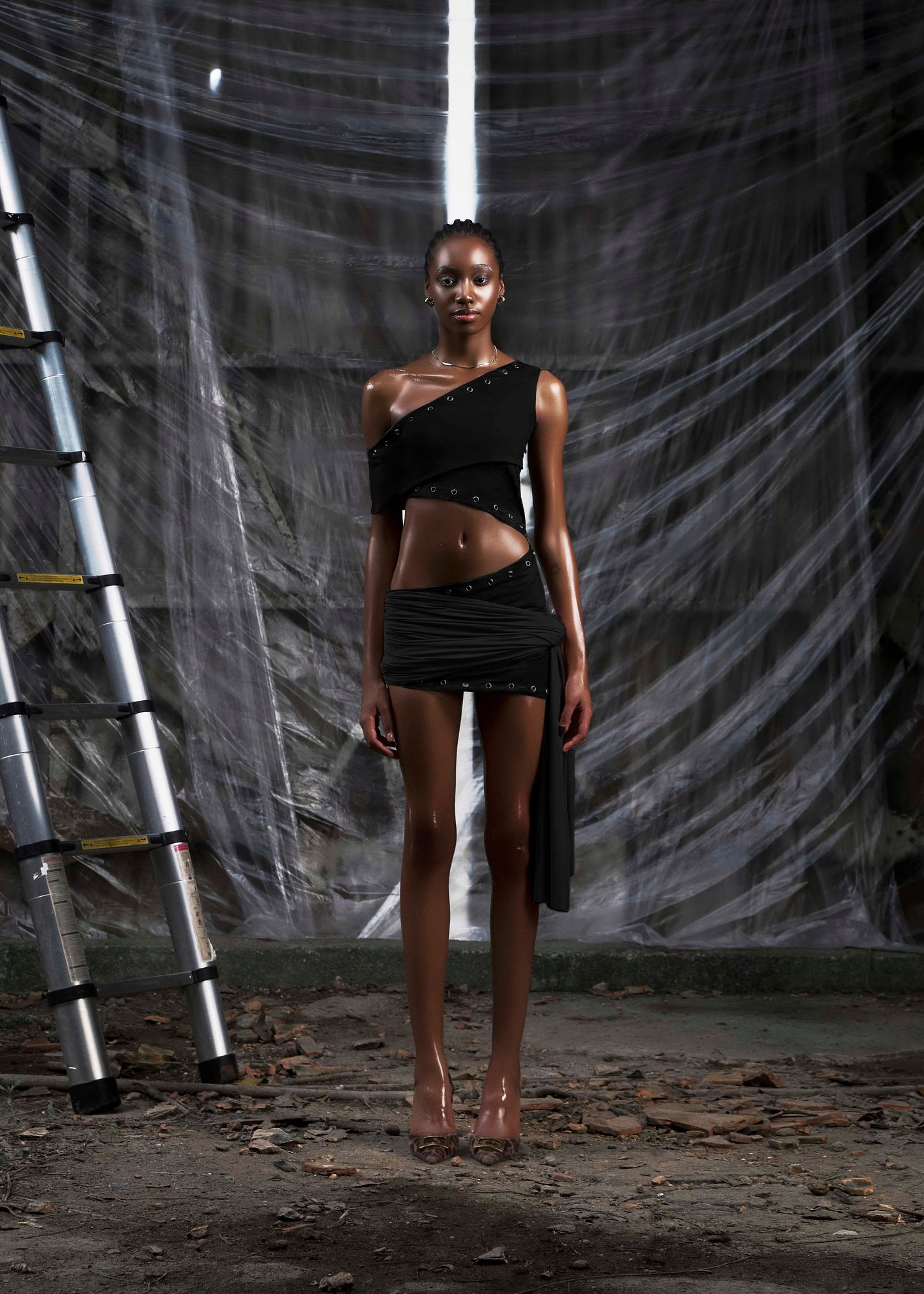 None Brown One Shoulder Cut Out Wrapped Hips Dress