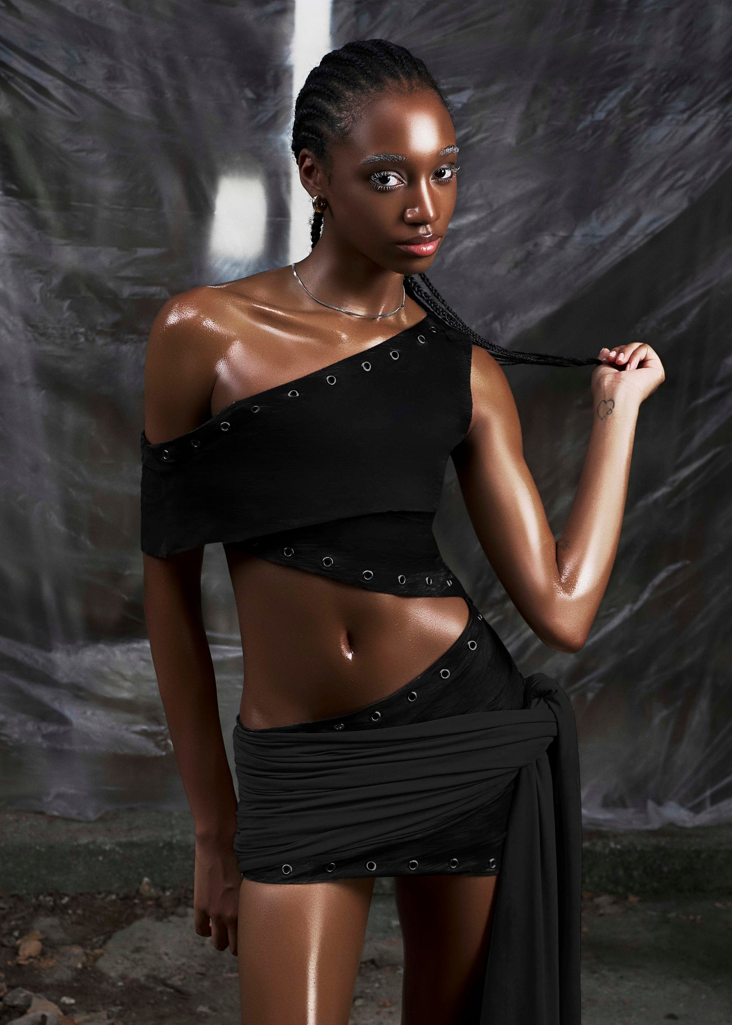 None Brown One Shoulder Cut Out Wrapped Hips Dress